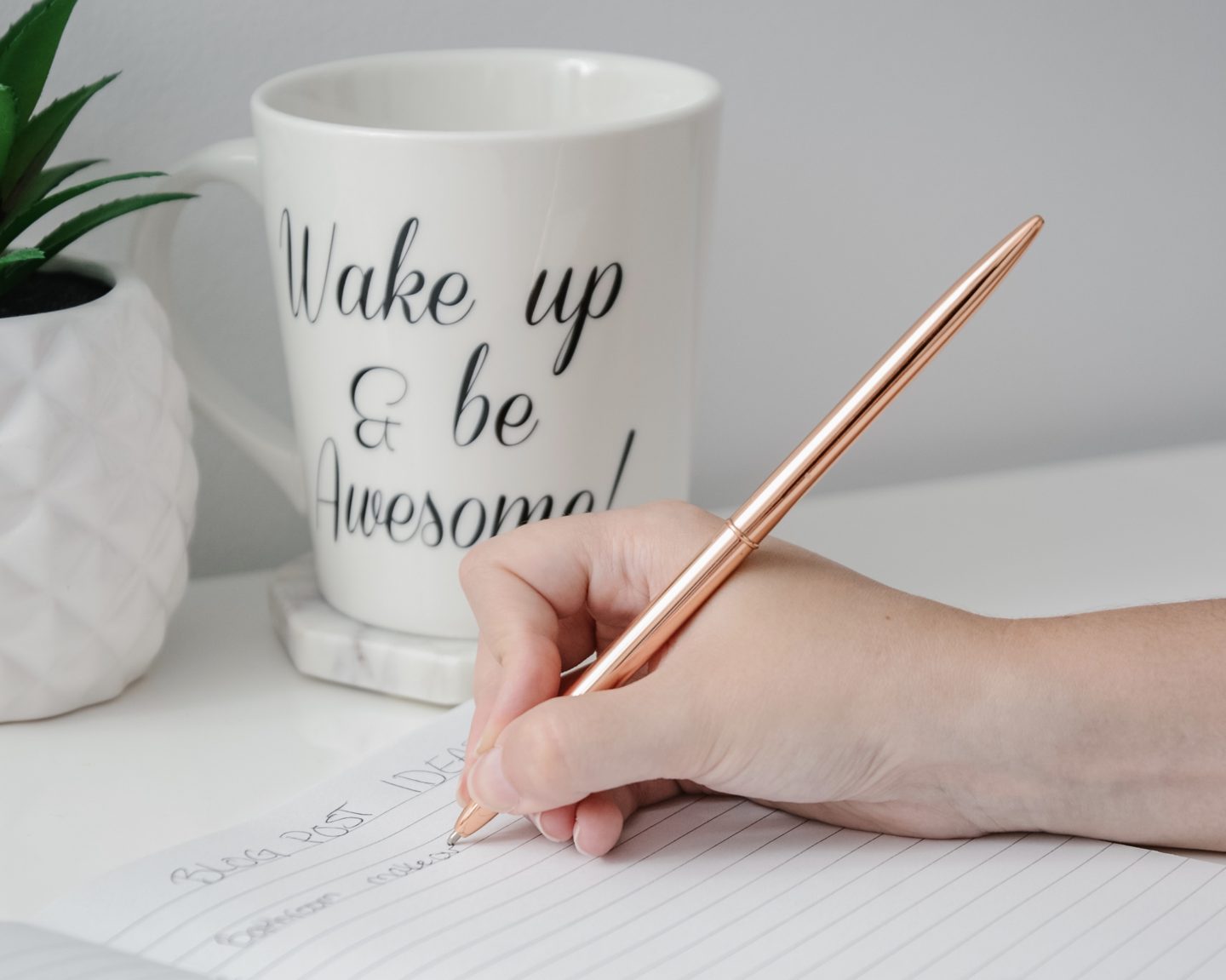 Wake up and be awesome mug and woman writing